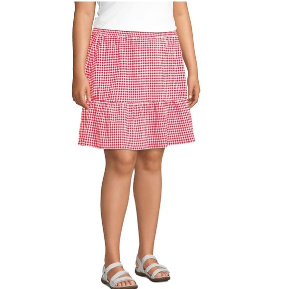 NWT  Lands End Women's Hi Rise Pull On Tiered Skirt Red Check Size M $75 LE08 - Picture 2 of 5